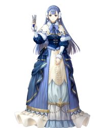 Rule 34 | 1girl, blue dress, blue eyes, blue hair, bow, bowtie, braid, breasts, cape, capelet, chalice, cup, dress, earrings, female focus, fire emblem, fire emblem echoes: shadows of valentia, fire emblem heroes, full body, fur trim, hair ornament, highres, holding, jewelry, long hair, long sleeves, matching hair/eyes, medium breasts, nintendo, non-web source, official art, rinea (fire emblem), solo, standing, transparent background