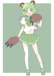 Rule 34 | 1girl, absurdres, animal ear fluff, animal ears, animal hands, animare, bad id, bad twitter id, bear ears, bear hair ornament, bear paws, blush, bow, donguri suzume, gloves, green background, green bow, green eyes, green footwear, green hair, green neckwear, green sailor collar, green serafuku, green skirt, hair ornament, hairclip, highres, hinokuma ran, looking at viewer, miniskirt, nanashi inc., navel, open mouth, paw gloves, pleated skirt, puffy short sleeves, puffy sleeves, round teeth, sailor collar, school uniform, serafuku, short hair, short sleeves, simple background, single thighhigh, skirt, smile, solo, standing, teeth, thighhighs, virtual youtuber