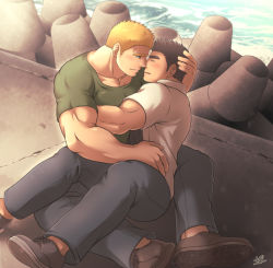 Rule 34 | 2boys, artist name, bara, biceps, blonde hair, blue eyes, blush, brown hair, collared shirt, couple, day, closed eyes, hand on another&#039;s head, hug, large pectorals, looking at another, male focus, manly, mature male, multiple boys, muscular, muscular male, ocean, open mouth, outdoors, pants, pectoral cleavage, pectorals, shirt, shoes, short sleeves, sideburns, sitting, smile, spiked hair, sunfight0201, t-shirt, thick arms, thick eyebrows, tight clothes, yaoi