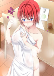 Rule 34 | 1girl, anger vein, blue eyes, blush, breasts, covering privates, covering breasts, kaeru no ashi, naked towel, no bra, no panties, nude, nude cover, open mouth, original, red hair, solo, standing, stann, towel