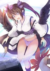 Rule 34 | 2girls, black socks, black wings, blush, bow, bow panties, breasts, brown hair, camera, cellphone, collarbone, commentary request, female pov, flying, frilled panties, frills, gluteal fold, hair ribbon, hand fan, hat, heart, highres, himekaidou hatate, holding, holding fan, japanese clothes, kagami toufu, kimono, kneehighs, kourindou tengu costume, leaf fan, loincloth lift, long hair, long sleeves, looking down, medium breasts, multiple girls, obi, open mouth, panties, phone, pink panties, pointy ears, pom pom (clothes), pov, purple eyes, purple hat, purple panties, purple ribbon, ribbon, ribbon-trimmed sleeves, ribbon trim, sash, sidelocks, skindentation, socks, tokin hat, touhou, two side up, underwear, waist cape, white kimono, wide-eyed, wide sleeves, wings