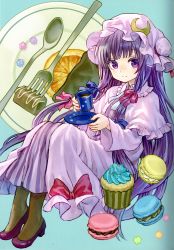 Rule 34 | 1girl, absurdres, ama-tou, black pantyhose, blue background, bow, capelet, crescent, cup, cupcake, dress, food, fork, frills, fruit, hair bow, hair ornament, hat, hat bow, high heels, highres, long hair, long sleeves, looking at viewer, macaron, mob cap, orange (fruit), orange slice, pantyhose, pastry, patchouli knowledge, plate, purple eyes, purple hair, saucer, scan, simple background, sitting, smile, solo, spoon, striped clothes, striped dress, sweets, teacup, touhou, wide sleeves
