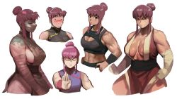 Rule 34 | 1girl, biceps, blush, breasts, brown hair, chi-chi (dragon ball), chinese clothes, cleavage, dragon ball, highres, muscular, muscular female, rayluaza, sideboob, sports bra, sportswear, sweatband, sweatdrop, taped hands, thick thighs, thighs