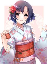 Rule 34 | 1girl, :d, bad id, bad pixiv id, black hair, blue hair, blue kimono, blush, brown background, commentary request, floral background, floral print, flower, gradient hair, hair flower, hair ornament, hands up, highres, holding, idolmaster, idolmaster cinderella girls, japanese clothes, kimono, long sleeves, looking at viewer, multicolored hair, obi, open mouth, peony print, pinching sleeves, pink eyes, print kimono, red flower, sash, satoimo chika, shiragiku hotaru, sleeves past wrists, smile, solo, two-tone background, upper body, white background, white flower, wide sleeves