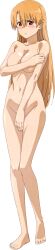 Rule 34 | 1girl, absurdres, barefoot, blush, breasts, brown hair, covering privates, embarrassed, feet, highres, kiryuu yuuzuki, kissxsis, large breasts, legs, long hair, navel, nude, red eyes, solo, teacher, thighs, toes, wet