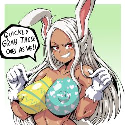 Rule 34 | 1girl, animal ears, bodypaint, boku no hero academia, breasts, covered erect nipples, dark-skinned female, dark skin, english text, false clothes, gloves, gradient background, green background, grin, highres, large breasts, lewdamone, long hair, looking at viewer, mirko, nipples, nude, pointing, pointing at self, puffy nipples, rabbit ears, red eyes, smile, solo, standing, sweat, upper body, white gloves, white hair