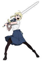 Rule 34 | 1girl, ahoge, angry, artoria pendragon (all), artoria pendragon (fate), black footwear, black pantyhose, blonde hair, blue bow, boots, bow, excalibur (fate/stay night), fate/stay night, fate (series), fighting stance, green eyes, holding, holding sword, holding weapon, huge weapon, looking to the side, mozzi, pantyhose, saber (fate), screaming, shirt, short sleeves, sidelocks, simple background, solo, sword, weapon, white background, white shirt