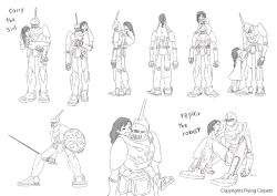 Rule 34 | 1girl, armor, carrying, dress, english text, closed eyes, height difference, helmet, jewelry, long hair, looking at another, looking down, looking up, monaka (siromona), monochrome, necklace, open mouth, piggyback, robot, shield, sitting, smile, solo, standing, sword, the girl (gnr), the girl and the robot, the robot (gnr), weapon