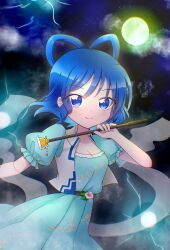 Rule 34 | 1girl, blue dress, blue eyes, blue hair, chinese clothes, collared vest, dress, floating hair, floral print, flower, full moon, hair rings, highres, holding, holding chisel, kaku seiga, moon, night, night sky, puffy short sleeves, puffy sleeves, short sleeves, sky, smile, solo, touhou, vest, yakuen sumika