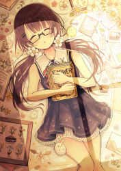 Rule 34 | 1girl, absurdres, animal, bed sheet, bird, black-framed eyewear, black dress, blush, book, bookmark, brown hair, collarbone, collared dress, comiket 94, commentary request, dress, closed eyes, facing viewer, flower, glasses, hair flower, hair ornament, hairclip, highres, long hair, low twintails, lying, on back, open book, original, parted lips, pen, pleated dress, red flower, revision, sakura oriko, semi-rimless eyewear, sidelocks, sleeping, sleeveless, sleeveless dress, solo, twintails, under-rim eyewear, very long hair, wavy mouth, white flower