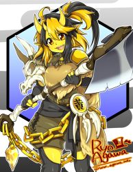 Rule 34 | 1girl, agawa ryou, ahoge, artist name, axe, bad id, bad pixiv id, breasts, brown eyes, chain, colored skin, fang, horns, oni, original, pointy ears, smile, solo, watermark, weapon, web address, yellow skin