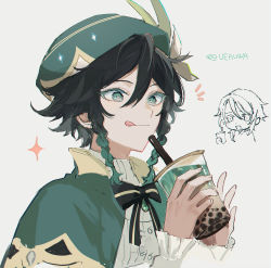 Rule 34 | 1boy, :q, androgynous, aqua eyes, aqua hair, beret, black hair, braid, bubble tea, cape, collared cape, commentary, cup, flower, frilled sleeves, frills, genshin impact, gradient hair, green cape, green hat, hat, hat flower, holding, holding cup, long sleeves, multicolored hair, puffy sleeves, shirt, short hair with long locks, signature, simple background, solo, sparkle, tongue, tongue out, twin braids, twitter username, ueauwa, venti (genshin impact), white background, white flower, white shirt