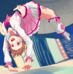 Rule 34 | :d, backflip, black shirt, blurry, blurry background, boots, clothes writing, commentary request, earrings, frilled sleeves, frills, fringe trim, heart, heart print, highres, jacket, jewelry, leg tattoo, long sleeves, love live!, love live! sunshine!!, miracle wave, nanotsuki, navel, open mouth, pleated skirt, print shirt, red eyes, shirt, skirt, smile, solo, star (symbol), stomach tattoo, t-shirt, takami chika, tattoo, tied shirt, upside-down, v-shaped eyebrows
