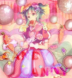 Rule 34 | 1girl, bad id, bad pixiv id, bread slice, candy, candy candy (song), carrot, disco ball, dress, food, food in mouth, gloves, goggles, goggles on head, green eyes, green hair, gumi, highres, jam, lollipop, lyrics, matching hair/eyes, meishin (primum00), mouth hold, puffy short sleeves, puffy sleeves, short hair with long locks, short sleeves, solo, song name, toast, toast in mouth, two side up, vocaloid, white gloves, yume kawaii