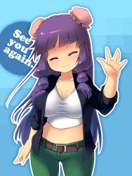 Rule 34 | 1girl, alternate costume, belt, blueberry (5959), breasts, cleavage, contemporary, curvy, double bun, closed eyes, female focus, highres, large breasts, long hair, midriff, navel, patchouli knowledge, purple hair, smile, solo, touhou, waving