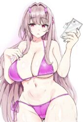 Rule 34 | 1girl, alternate costume, bare shoulders, bikini, breasts, cameltoe, cellphone, cleavage, frown, gluteal fold, goddess of victory: nikke, hair intakes, hand on own chest, holding, holding phone, horns, large breasts, light brown hair, long hair, mole, mole under eye, navel, phone, pink bikini, pink horns, red eyes, shironoharuka, side-tie bikini bottom, sidelocks, simple background, smartphone, solo, string bikini, swimsuit, thigh gap, very long hair, viper (nikke), white background