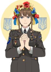 Rule 34 | 1girl, black necktie, blue eyes, brown hair, brown jacket, closed mouth, collared shirt, flower, head wreath, highres, interlocked fingers, jacket, looking at viewer, medium hair, military, military uniform, necktie, original, own hands clasped, own hands together, patch, propaganda, ribbon bar, russo-ukrainian war, shirt, shoulder patch, sidelocks, solo, split mouth, ukraine, ukrainian flag, uniform, wani (perfect han), white shirt, zionism