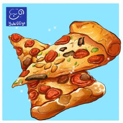 Rule 34 | artist logo, artist name, cheese, food, food focus, highres, meat, no humans, original, pepperoni, pizza, yuki00yo