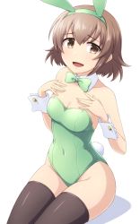 Rule 34 | 1girl, alternate costume, animal ears, black thighhighs, blush, bow, bowtie, breasts, brown eyes, brown hair, cleavage, collarbone, commentary request, covered navel, cowboy shot, detached collar, fake animal ears, from above, green bow, green bowtie, green leotard, groin, hands on own chest, highleg, highleg leotard, idolmaster, idolmaster cinderella girls, kita hinako, leotard, medium breasts, open mouth, pataneet, playboy bunny, rabbit ears, rabbit tail, short hair, simple background, sitting, smile, solo, tail, thighhighs, white background, wrist cuffs