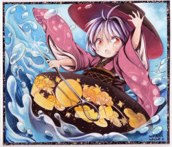 Rule 34 | 1girl, ballpoint pen (medium), bowl, bowl hat, colored pencil (medium), hat, in bowl, in container, japanese clothes, kimono, long sleeves, mosho, needle, obi, open mouth, painting (medium), purple hair, red eyes, sash, solo, sukuna shinmyoumaru, touhou, traditional media, water, watercolor (medium), wide sleeves