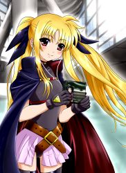 Rule 34 | 10s, belt, blonde hair, cape, cd, diesel-turbo, earbuds, earphones, fate testarossa, fate testarossa (movie 1st form), gloves, hair ribbon, long hair, lyrical nanoha, mahou shoujo lyrical nanoha, mahou shoujo lyrical nanoha the movie 1st, mizuki nana, red eyes, ribbon, solo, thighhighs, twintails, voice actor connection