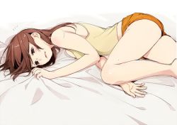 Rule 34 | 1girl, bed sheet, breasts squeezed together, breasts, brown eyes, brown hair, commentary request, frown, green shirt, green tank top, kawai makoto, lying, medium breasts, on bed, on side, orange shorts, sheet grab, shirt, short hair, shorts, simple background, solo, tank top, upset, white background