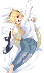 Rule 34 | 1girl, absurdres, animal, animal ears, arm up, barefoot, bed sheet, black cat, blonde hair, blue pants, breasts, cat, cat ears, cat girl, cat tail, eyebrows hidden by hair, highres, jingburger, long hair, long sleeves, one eye closed, open mouth, pants, paw pose, red eyes, shirt, small breasts, solo, tail, torn clothes, torn pants, very long hair, virtual youtuber, waktaverse, wavy mouth, white shirt, ziro (zirorong)