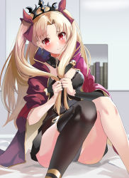 Rule 34 | 1girl, asymmetrical legwear, asymmetrical sleeves, black thighhighs, blonde hair, blush, bow, breasts, cape, closed mouth, detached collar, earrings, ereshkigal (fate), fate/grand order, fate (series), gold trim, hair bow, highres, holding, holding hair, infinity symbol, jewelry, knees together feet apart, knees up, long hair, looking at viewer, medium breasts, parted bangs, red bow, red cape, red eyes, single sleeve, single thighhigh, sitting, skull, solo, thighhighs, thighs, tiara, tsukise miwa, two side up, uneven legwear, uneven sleeves