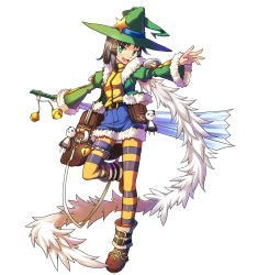 Rule 34 | 1girl, absurdres, bag, bell, belt, buckle, chain, fang, feather boa, full body, green eyes, hand fan, harisen, hat, highres, jacket, kanatarou, keyhole, lock, looking at viewer, louis leondyke, messenger bag, official art, outstretched arms, outstretched hand, padlock, panda, pantyhose, paper fan, short hair, shoulder bag, simple background, skirt, smile, solo, standing, standing on one leg, striped clothes, striped pantyhose, trouble witches, trouble witches ac, trouble witches neo, white background, witch, witch hat