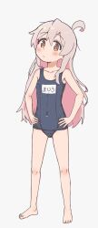 Rule 34 | 1girl, absurdres, ahoge, bare arms, bare legs, bare shoulders, barefoot, blue one-piece swimsuit, blush, brown eyes, collarbone, colored inner hair, commentary, covered navel, feet, flat chest, full body, grey hair, hair between eyes, hands on own hips, highres, long hair, looking at viewer, multicolored hair, name tag, old school swimsuit, one-piece swimsuit, onii-chan wa oshimai!, oyama mahiro, pink hair, school swimsuit, sfm zhang, simple background, solo, standing, swimsuit, toes, two-tone hair, very long hair, white background