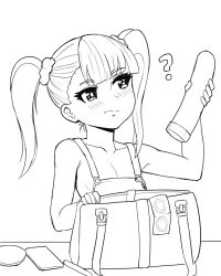 Rule 34 | 1girl, ?, bag, breasts, character request, cleavage, condom, condom packet strip, condom wrapper, dildo, donburi (donburikazoku), greyscale, lineart, monochrome, overalls, sex toy, solo, third-party source, twintails