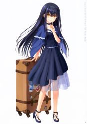Rule 34 | 1girl, absurdres, bag, black hair, black hairband, blue capelet, blue dress, blue footwear, capelet, closed mouth, collarbone, copyright name, dress, finger to mouth, floating hair, full body, hair between eyes, hairband, high heels, highres, huge filesize, index finger raised, kushima kamome, long dress, long hair, looking at viewer, na-ga, official art, page number, pumps, see-through, shushing, simple background, smile, solo, standing, summer pockets, very long hair, white background, yellow eyes