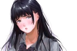 Rule 34 | 1girl, bad id, bad pixiv id, black hair, blush, borrowed character, brown eyes, collared shirt, commentary request, graphite (medium), kamiyama aya, lips, long hair, mole, mole under eye, original, parted lips, revision, school uniform, shirt, sidelocks, simple background, solo, sweat, traditional media, upper body, white background