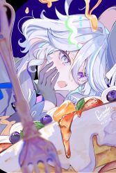 Rule 34 | 1girl, artist name, black gloves, blue eyes, blue hair, blueberry, cake, commentary, dated, food, fork, fruit, furina (genshin impact), fwanabe, genshin impact, gloves, hair between eyes, hand on own cheek, hand on own face, heterochromia, highres, leaf, light blue hair, looking at viewer, multicolored hair, open mouth, sidelocks, signature, solo, strawberry, streaked hair, teardrop, tearing up, teeth, two-tone hair, upper body, upper teeth only