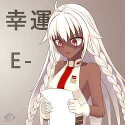 Rule 34 | 1girl, ahoge, braid, breasts, commentary, dark-skinned female, dark skin, fate/grand order, fate (series), gloves, highres, holding, holding paper, lakshmibai (fate), long hair, paper, red eyes, shirt, sideboob, signature, simple background, small breasts, solo, stats, surprised, translated, twin braids, very long hair, white gloves, white hair, white shirt, z.m. (zimin)
