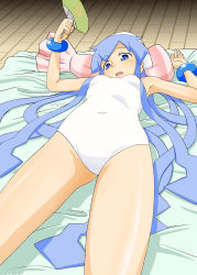 Rule 34 | blanket, blue eyes, blue hair, blush, bracelet, breasts, groin, hand fan, highres, ikamusume, jewelry, lying, navel, one-piece swimsuit, pillow, sat-c, shinryaku! ikamusume, small breasts, sweat, swimsuit, white one-piece swimsuit
