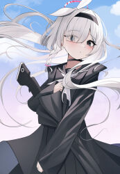 1girl black_choker black_coat black_eyes black_hairband black_sailor_collar black_shirt black_skirt black_umbrella blue_archive blush choker closed_mouth coat hair_over_one_eye hair_ribbon hairband highres holding holding_umbrella long_hair looking_at_viewer lunar_(pixiv53683306) plana_(blue_archive) ribbon sailor_collar shirt sidelocks skirt umbrella white_hair white_ribbon