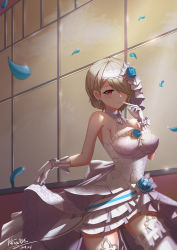 Rule 34 | 1girl, absurdres, blue flower, blue rose, bride, brown hair, diaoyidimaomao, dress, earrings, flower, gloves, grin, hair over one eye, highres, holding, holding clothes, holding skirt, honkai (series), honkai impact 3rd, index finger raised, jewelry, looking at viewer, mole, mole under eye, open mouth, petals, purple eyes, rita rossweisse, rita rossweisse (artemis), rose, short hair, skirt, sleeveless, sleeveless dress, smile, solo, teeth, thighhighs, wedding dress, white dress, white gloves, white thighhighs