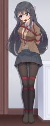 absurdres arms_behind_back ball_gag bdsm black_hair black_pantyhose blue_eyes bondage bound ddt_(darktrident) gag highres indoors long_hair necktie pantyhose pleated_skirt restrained sakurajima_mai saliva school_uniform seishun_buta_yarou shibari shibari_over_clothes skirt standing