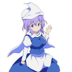 Rule 34 | 1girl, apron, blue eyes, blue hair, blush, breasts, cato (monocatienus), dress, female focus, juliet sleeves, lapel pin, large breasts, layered dress, letty whiterock, long sleeves, looking at viewer, matching hair/eyes, puffy sleeves, scarf, short hair, smile, solo, touhou, triangular headpiece, turtleneck, waving
