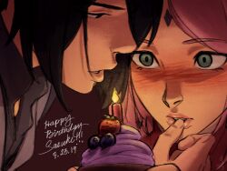 Rule 34 | 1boy, 1girl, black eyes, black hair, blueberry, boruto: naruto next generations, candle, ceejles, commentary, cupcake, dated, facial mark, finger to another&#039;s mouth, food, forehead mark, fruit, green eyes, grey vest, happy birthday, haruno sakura, hetero, highres, husband and wife, naruto (series), pink hair, pink lips, strawberry, symbol-only commentary, uchiha sasuke, vest