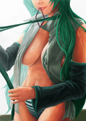 Rule 34 | 1girl, 7/11 (fukuso), breasts, cleavage, detached sleeves, green hair, hatsune miku, head out of frame, long hair, mouth hold, navel, necktie, no pants, open clothes, open shirt, panties, realistic, shirt, solo, striped clothes, striped panties, underwear, vocaloid