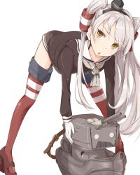 Rule 34 | 10s, 1girl, amatsukaze (kancolle), brown dress, choker, dress, garter straps, gloves, hair tubes, hairband, highres, kantai collection, leaning forward, lifebuoy, long hair, looking at viewer, open mouth, red thighhighs, rensouhou-kun, sailor collar, sailor dress, short dress, silver hair, single glove, solo, striped clothes, striped thighhighs, swim ring, takumin (takumi415), thighhighs, two side up, white gloves