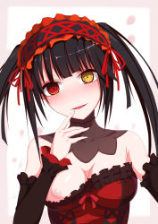 Rule 34 | 1girl, :d, absurdres, asymmetrical hair, bare shoulders, black hair, blush, breast slip, breasts, cleavage, clock eyes, date a live, detached collar, detached sleeves, finger to mouth, gothic lolita, hairband, heart, heart-shaped pupils, heterochromia, highres, lolita fashion, lolita hairband, looking at viewer, medium breasts, nipples, one breast out, open mouth, red eyes, smile, solo, symbol-shaped pupils, tokisaki kurumi, twintails, upper body, user znjd5487, yellow eyes