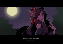 Rule 34 | 1girl, animal ears, bare shoulders, brown hair, dress, hair ornament, hair over shoulder, highres, imaizumi kagerou, letterboxed, long hair, looking at viewer, moon, nail polish, night, red eyes, stank, touhou, wolf ears