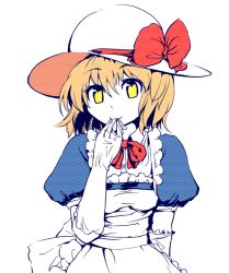Rule 34 | 1girl, apron, back bow, bad id, bad pixiv id, blonde hair, blue dress, bow, culter, dress, elbow gloves, gloves, hat, hat bow, kana anaberal, looking at viewer, puffy short sleeves, puffy sleeves, red bow, red neckwear, ribbon, short hair, short sleeves, smile, sun hat, touhou, touhou (pc-98), white bow, yellow eyes