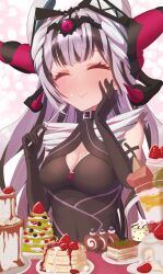 Rule 34 | 1girl, :t, absurdres, black hair, blueberry, blush, breasts, cake, candy, cleavage, closed eyes, closed mouth, eating, fire emblem, fire emblem engage, flower, food, food on face, food request, foodgasm, fruit, hand on own cheek, hand on own face, hands up, highres, holding, holding spoon, medium breasts, multicolored hair, nintendo, official alternate costume, pancake, pancake stack, parfait, plate, raised eyebrows, ru wan chi, smile, solo, spoon, strawberry, strawberry syrup, sweets, swiss roll, two-tone hair, veyle (evil) (fire emblem), veyle (fire emblem), wavy mouth, white flower, white hair