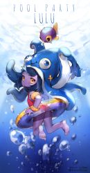 Rule 34 | 1girl, 2015, alternate costume, animal hat, arm floats, artist name, artist request, barefoot, black hair, casual one-piece swimsuit, colored skin, dated, fish, flat chest, full body, gradient background, hat, highres, inflatable armbands, innertube, league of legends, looking back, lulu (league of legends), one-piece swimsuit, pool party lulu, purple skin, red one-piece swimsuit, solo, swim ring, swimsuit, twitter username, underwater, yellow eyes