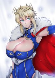 Rule 34 | &gt;:(, 1girl, absurdres, ahoge, armpits, artoria pendragon (all), artoria pendragon (fate), artoria pendragon (lancer) (fate), blonde hair, braid, breasts, cape, cleavage, cleavage cutout, closed mouth, clothing cutout, covered navel, crown, fate/grand order, fate (series), french braid, frown, fur trim, gggg, green eyes, heattech leotard, highres, huge breasts, leotard, looking at viewer, saber (fate), sidelocks, solo, turtleneck, upper body, v-shaped eyebrows