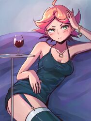 Rule 34 | 1girl, absurdres, ahoge, alcohol, amanda o&#039;neill, bare shoulders, black dress, black thighhighs, blush, breasts, cleavage, closed mouth, couch, cup, dress, drinking glass, garter straps, green eyes, highres, jewelry, little witch academia, madabau, medium breasts, necklace, on couch, orange hair, short hair, sitting, sleeveless, solo, thighhighs, wine, wine glass, wristband